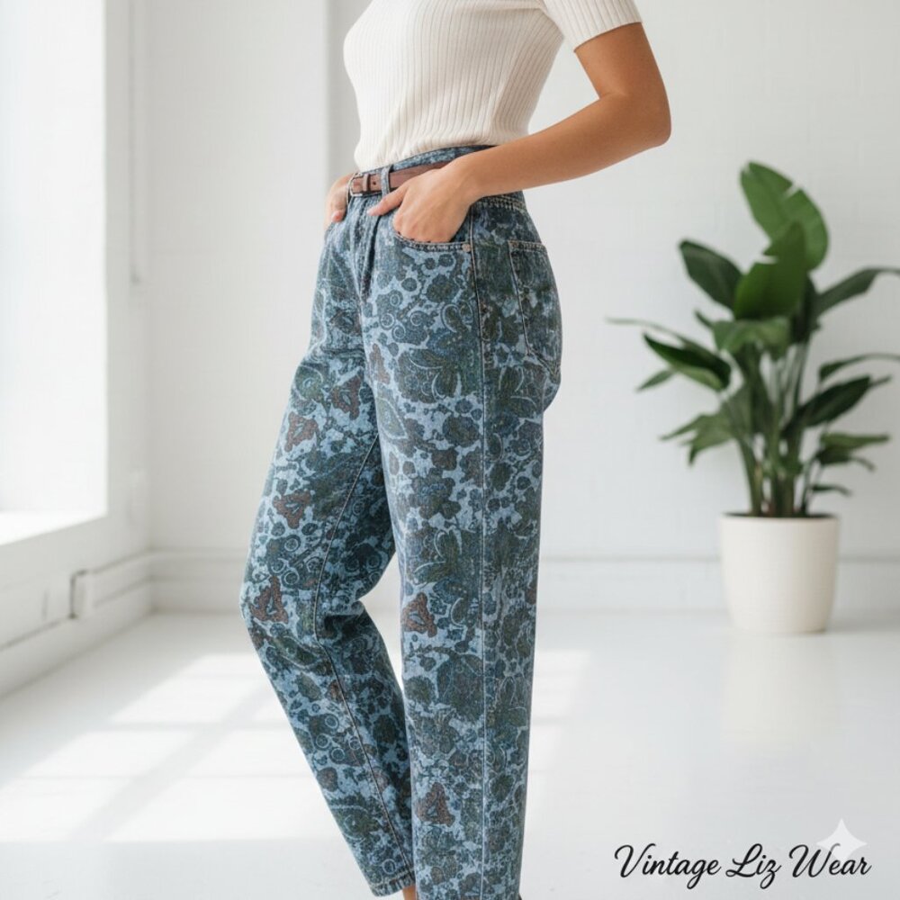 Vintage Liz Wear high waist Floral Paisley All Over Printed Jeans Size 6